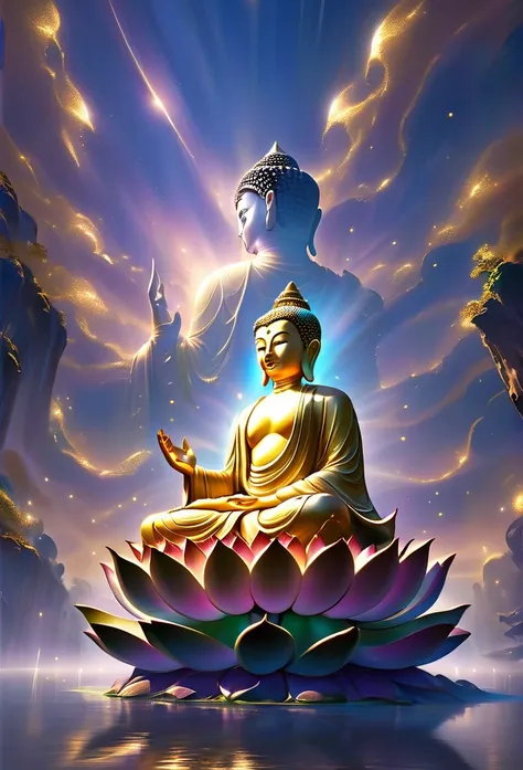 western elysium，the tall buddha statue sits on a lotus throne，his face was solemn and calm，a ray of tyndall light shone overhead...