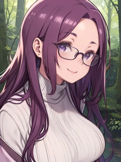 masterpiece, highest quality、Super Detail、Close-up of face、Beautiful eyes、1　Mature Woman、(kagamihara sakura)、Purple Hair、Wavy Hair、long hair、Glasses、The forehead is visible、Big Breasts、Huge breasts、Turtleneck sweater、Thick jacket、in the forest、Watching the...