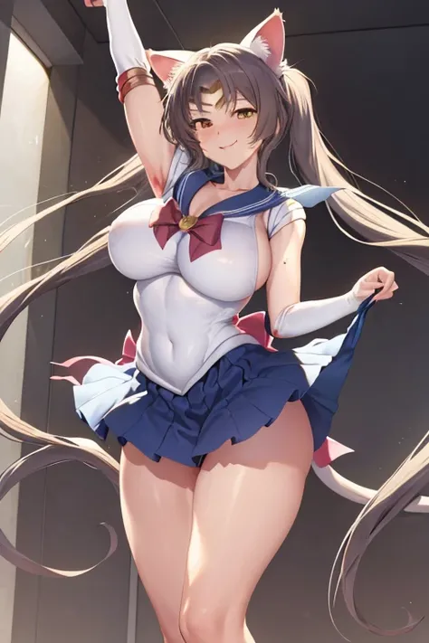 masterpiece, best quality, beautiful art, high resolution, well formed hands, body and fingers, 1 woman, solo, BlackHanekawa , adult, big breasted, cleavage , full body, wearing a Sailor Moon outfit, cat ears and cat tail, gorgeous legs and thighs, sexy sa...