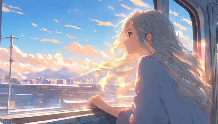 Girl looking out the window from the train、solo、long silver hair、Sad face、Blue sky at daytime、Masterpiece、Delicate illustration with super details、