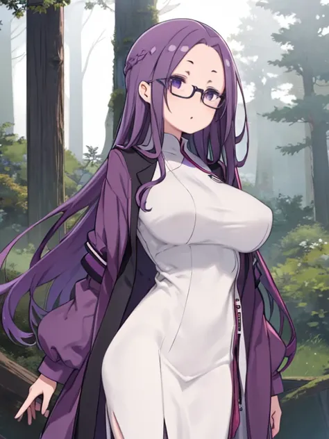 masterpiece, highest quality、face close-up、1　mature woman、(kagamihara sakura)、purple hair、long hair、glasses、the forehead is visi...