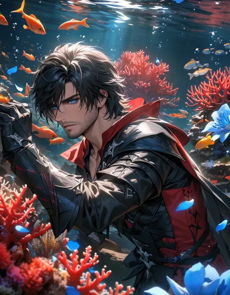 absurdres, highres, ultra detailed, HDR, master piece, best quality, Clive Rosfield, black hair, expressive blue eyes, Final Fantasy XVI, sexy man, solo, handsome, black and red clothes, blue petals, underwater, blue lilies, coral, fish