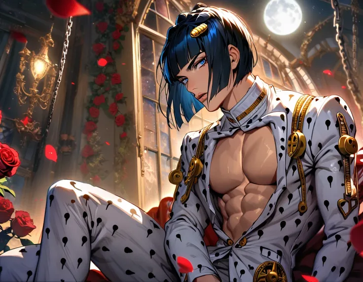 Ultra detailed, highres, absurdres, HDR, Bruno Bucciarati, black chin-length hair with straight-cut bangs, his hair is adorned with golden clip surmounted on each side of his bangs, blue eyes, JoJo bizarre adventure, window, roses and petals, chains, moon,...