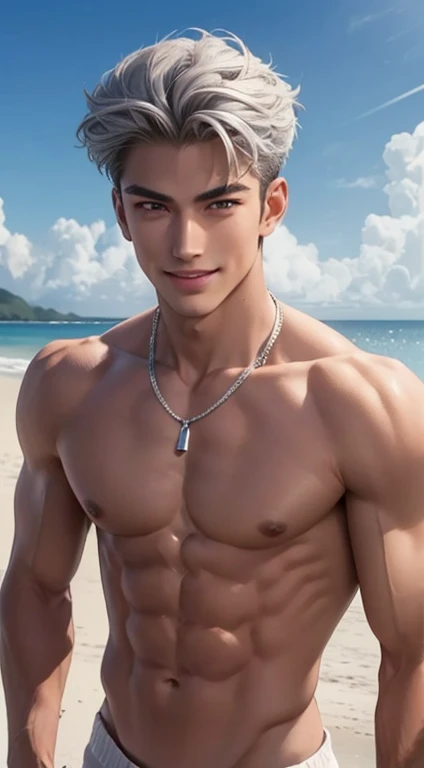 1 boy,Handsome，tall and strong,perfect male figure, eyes looking at camera, ripped abs toned body,,shirtless .nude and naked. ((tanned skin)), nude, beach，silver hair,serious expression,necklace,Ray tracing. Smiling 