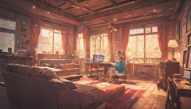 noon、Girl sitting and listening to music in a cozy room, Using headphones, Anime-style 2D, Lo-Fi, hard disk, Bright environment