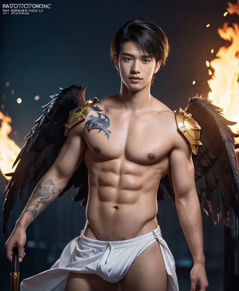 A asian boy like Mighty Archangel Michael,19 years old, handsome, Full Body Shoot, tattoo chest, tattoo arms, tattoo hands, Short Quiff hairstyle, (eyes contact), look at camera, detailed facial parts, Manly, with a muscular constitution :: high detail, is...