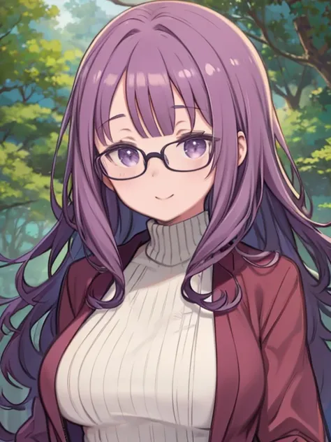 masterpiece, highest quality、Super Detail、Medium Wide Shot、Beautiful eyes、1　Mature Woman、(kagamihara sakura)、Purple Hair、(((Wavy Hair、Long wavy bangs)))、long hair、Glasses、Big Breasts、Huge breasts、Turtleneck sweater、Thick jacket、in the forest、Watching the a...