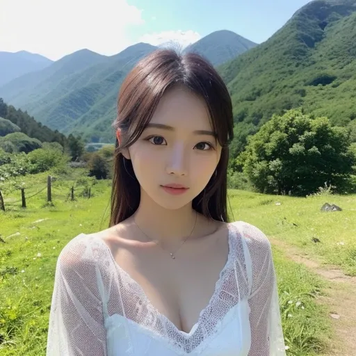 (highest quality, Realistic photos, Raw photo, 16k), (((A beautiful Japanese girl who will charm you,))) ((She is very attractive、In the middle of a beautiful landscape, I send my best love to you., Staring at me with a loving gaze, You will be captivated ...