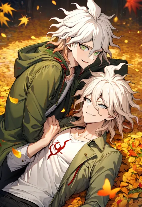 Ultra detailed, highres, absurdres, HDR, Komaeda Nagito, white hair, silver eyes, Hinata Hajime, light brown hair, green eyes, white tight shirt, green long coat, Danganronpa, butterflies, autumn, petals, orange and yellow leaves, 2 sexy men together, gay ...