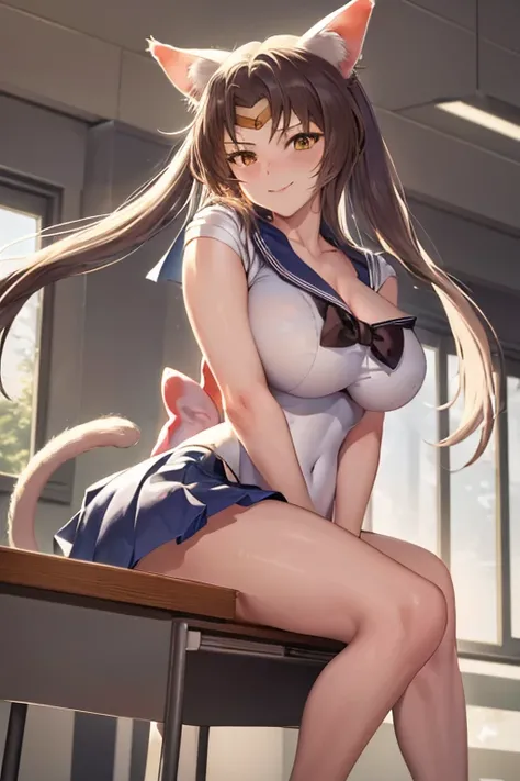 masterpiece, best quality, beautiful art, high resolution, well formed hands, body and fingers, 1 woman, solo, BlackHanekawa , adult, big breasted, cleavage , full body, wearing a Sailor Moon outfit, cat ears and cat tail, gorgeous legs and thighs, sexy sa...