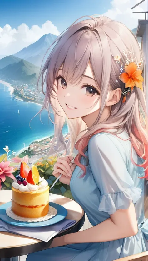 (from side:1.5),(masterpiece:1.2), (best quality),(ultra detailed),(extremely detailed),(absolutely resolution) ,absurdres,8k, 1girl-drinking-fruits-juice, cafeteria-outdoor,sitting, grin, cake, beautiful-landscape-background,the middle of a mountain, blue...