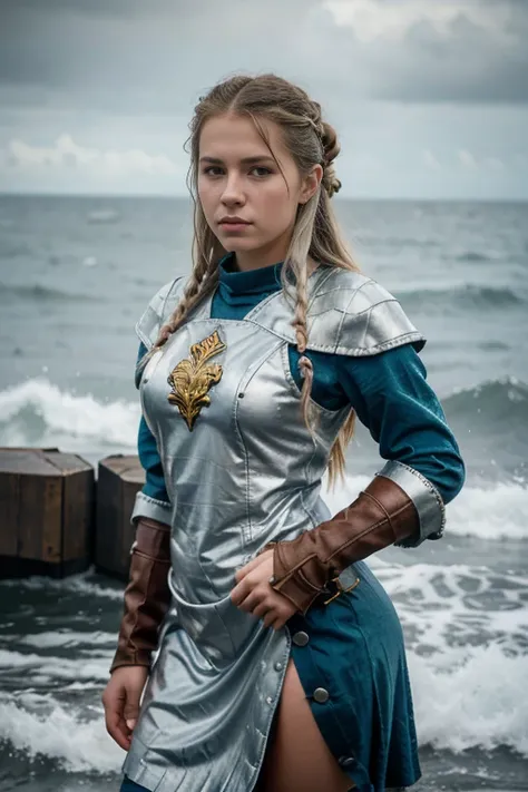 chica vikinga, Vista feroz ,Hacha de batalla en mano derecha, 17 year old Russian girl, cabello rubio arrugado y despeinado, en la orilla del agua ,Against the backdrop of the cold sea and the longship., Vestido con armadura vikinga,Apariencia de combate,p...