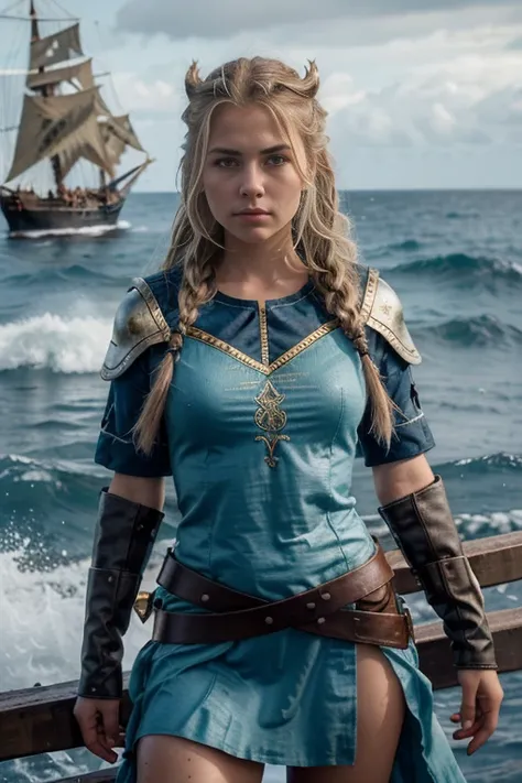 chica vikinga, Vista feroz ,Hacha de batalla en mano derecha, 17 year old Russian girl, cabello rubio arrugado y despeinado, en la orilla del agua ,Against the backdrop of the cold sea and the longship., Vestido con armadura vikinga,Apariencia de combate,p...