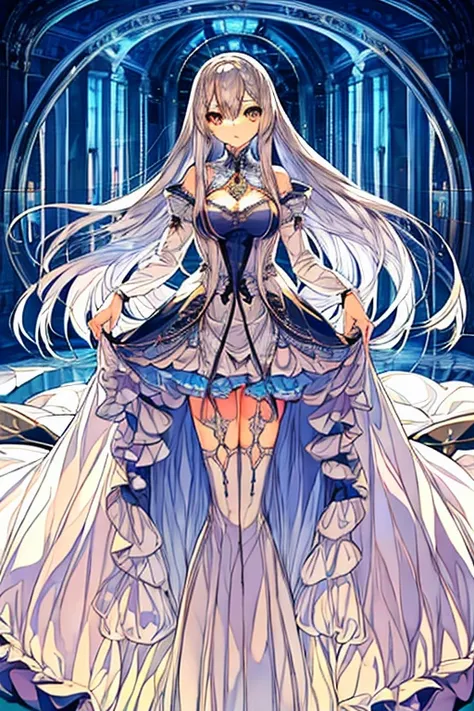 Best image quality, Excellent details, Best illustrations, Delicate and beautiful features, 
(1girl, heterochromi, (long silver hair), dress, tall height, medium breast, torogao)