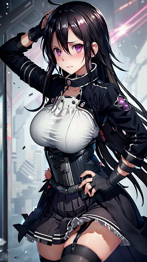 kirito, black garter belt,super big breasts breast enlargement , overthrown jacket, skirt, corset long hair, blushing, purple ey...