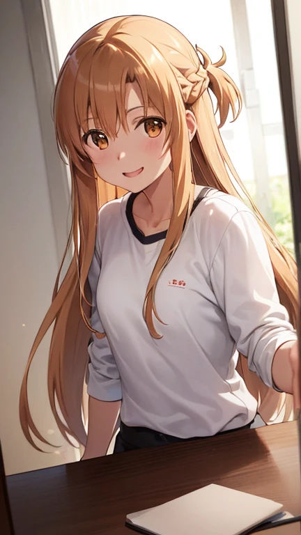 (mejor calidad:1.3), asuna yuuki, Long light brown hair, pechos grandes, camisa blanca con botones, escote, falda ajustada negra, sentado en el escritorio, sonriente, (Punto de vista, tiro cercano)