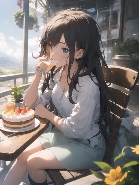 (looking away:1.2),(masterpiece:1.2), (best quality),(ultra detailed),(extremely detailed),(absolutely resolution) ,absurdres,8k, 1girl-drinking-fruits-juice, cafe, sitting-on-the-chair, grin, cake, mountain, blue-coral-sea,  flowers-pods, windy, 
BREAK,  ...