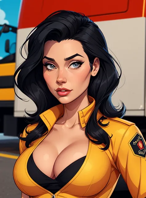 Cartoon style digital illustration Jennifer Connely in sesy firefighter uniform with beautiful medium sized breasts black hair Cartoon style digital illustration cleavage and sesy pose portrait mode 