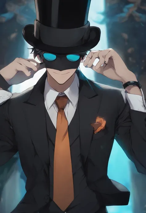 1boy, solo, kurofuku, necktie, male focus, black suit, upper body, black pants,inky body,cyan eye,grin, wearing a top hat, mystery being, sunglasses