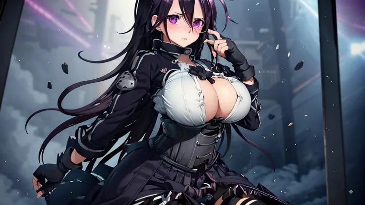 Kirito, black garter belt,Super big breasts breast enlargement , overthrown Jacket, skirt, corset long hair, blushing, purple eyes, sci-fi urban full-body shot