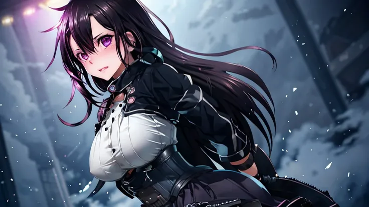 kirito, black garter belt,super big breasts breast enlargement , overthrown jacket, skirt, corset long hair, blushing, purple ey...