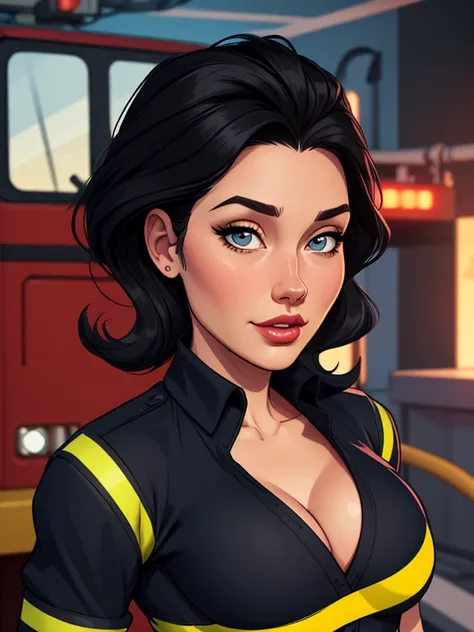 Cartoon style digital illustration Jennifer Connely in sesy firefighter uniform with beautiful medium sized breasts black hair Cartoon style digital illustration cleavage and sesy pose portrait mode 