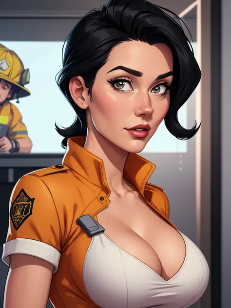 Cartoon style digital illustration Jennifer Connely in sesy firefighter uniform with beautiful medium sized breasts black hair Cartoon style digital illustration cleavage and sesy pose portrait mode 