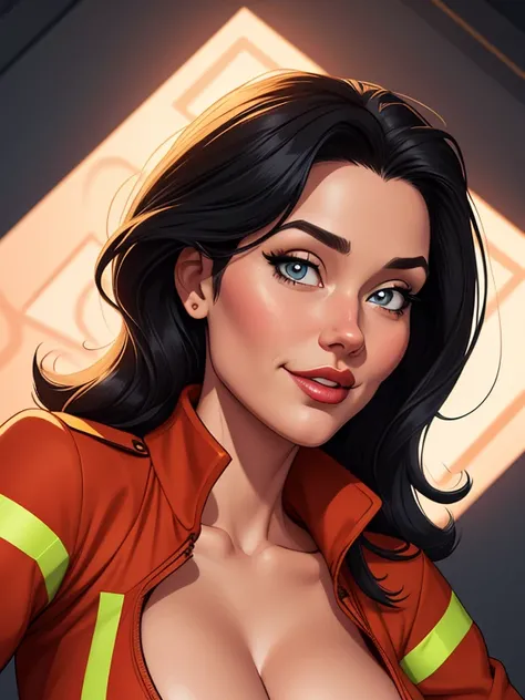 Cartoon style digital illustration Jennifer Connely in sesy firefighter uniform with beautiful medium sized breasts black hair Cartoon style digital illustration cleavage and sesy pose portrait mode 