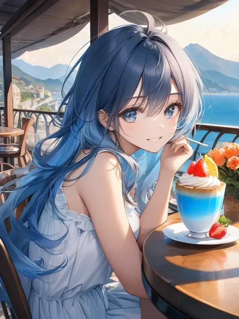 (looking away:1.2),(masterpiece:1.2), (best quality),(ultra detailed),(extremely detailed),(absolutely resolution) ,absurdres,8k, 1girl-drinking-fruits-juice, cafe, sitting-on-the-chair, grin, cake, mountain, blue-coral-sea,  flowers-pods, windy, 
BREAK,  ...