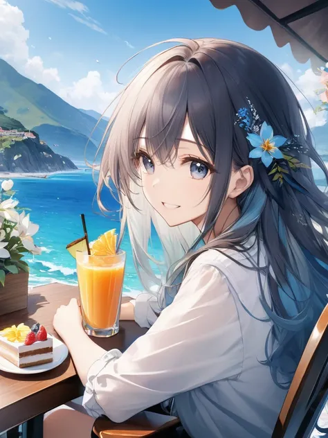 (looking away:1.2),(masterpiece:1.2), (best quality),(ultra detailed),(extremely detailed),(absolutely resolution) ,absurdres,8k, 1girl-drinking-fruits-juice, cafe, sitting-on-the-chair, grin, cake, mountain, blue-coral-sea,  flowers-pods, windy, 
BREAK,  ...