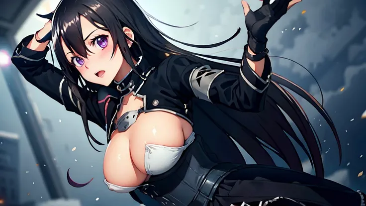 Kirito, black garter belt,Super big breasts breast enlargement , overthrown Jacket, skirt, corset long hair, blushing, purple eyes, sci-fi urban full-body shot