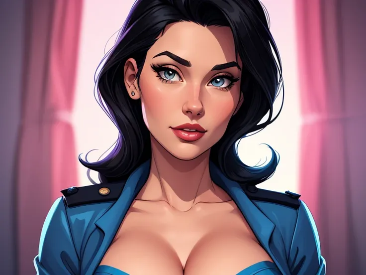 Cartoon style digital illustration Jennifer Connely in sesy police uniform with beautiful medium sized breasts black hair Cartoon style digital illustration cleavage and sesy pose portrait mode 