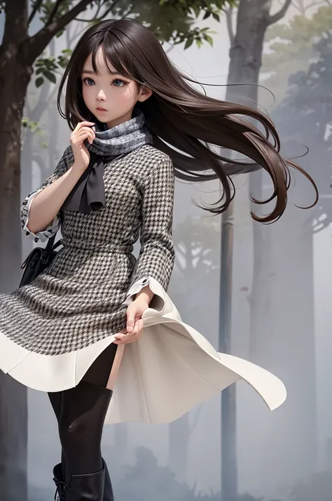 masterpiece、very detailed、surreal、watercolor and ink painting、high waist、brown and dark brown houndstooth a-line dress、dark pipi...