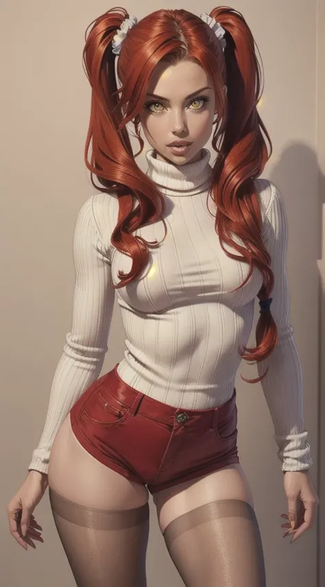 masterpiece, best quality, 1girl, solo, redhair, twintails, very long hair, yellow eyes, hair scrunchie, looking at viewer, lips, parted lips, cowboy shot, pantyhose, short shorts, turtleneck, ribbed sweater,
