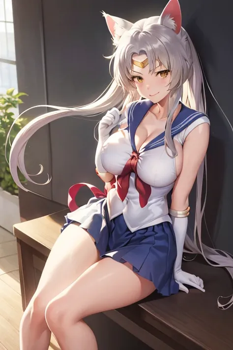 masterpiece, best quality, beautiful art, high resolution, well formed hands, body and fingers, 1 woman, solo, BlackHanekawa , adult, big breasted, cleavage , full body, wearing a Sailor Moon outfit, cat ears and cat tail, gorgeous legs and thighs, sexy sa...