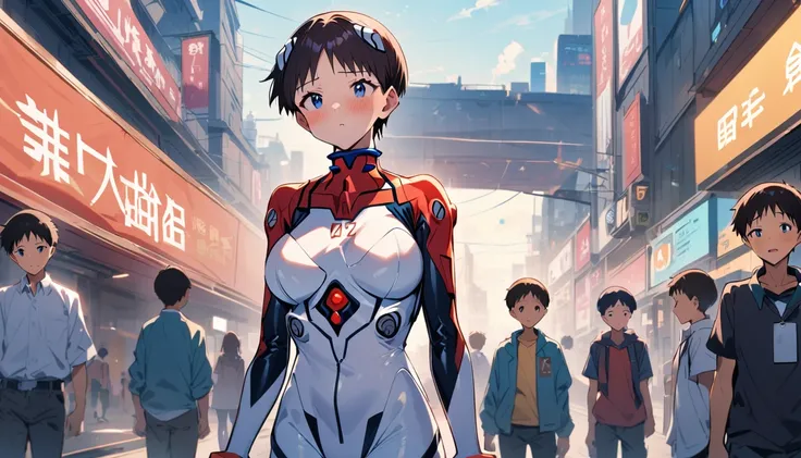 Evangelion plugsuit, male focus, ikari shinji, pilot suit super big breasts breast enlargement blushing standing alone in sci-fi city full-body shot