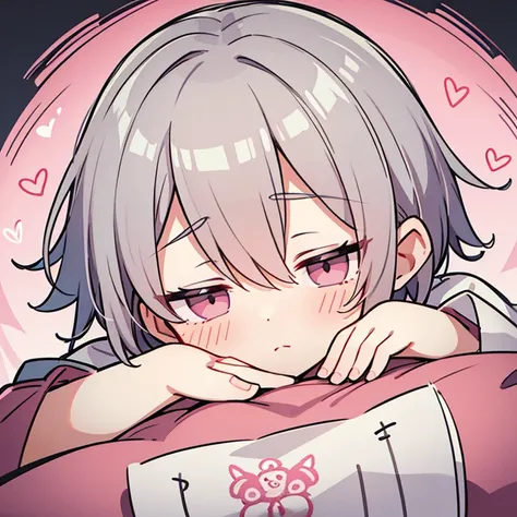 Stamp style illustration，Upper body close-up，Gray Hair，Pink mixed，good night，sleepy，Rubbing eyes，short hair