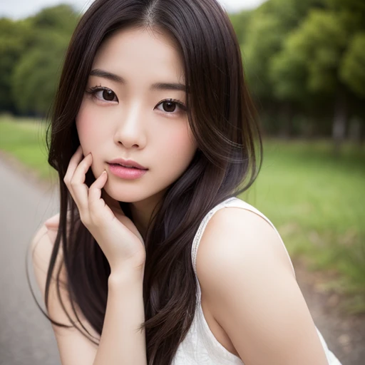 (highest quality, Realistic photos, Raw photo, 16k), (((A beautiful Japanese girl who will charm you,))) ((She is very attractive、In the middle of a beautiful landscape, I send my best love to you., Staring at me with a loving gaze, I want to make you fall...