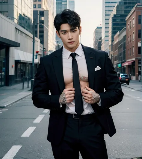 HOMEM COREANO,  PEITO MUSCULAR, bulge ,  athletic physique, smirking, muscular man, muscular body in suit, slender, no body hair, wearing navy suit and tie, using smart phone, in a downtown street with skyscrapers background,Full Body Shoot, tattoo chest, ...