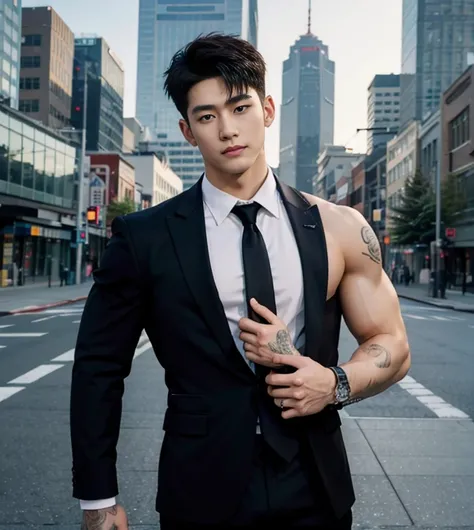 HOMEM COREANO,  PEITO MUSCULAR, bulge ,  athletic physique, smirking, muscular man, muscular body in suit, slender, no body hair, wearing navy suit and tie, using smart phone, in a downtown street with skyscrapers background,Full Body Shoot, tattoo chest, ...