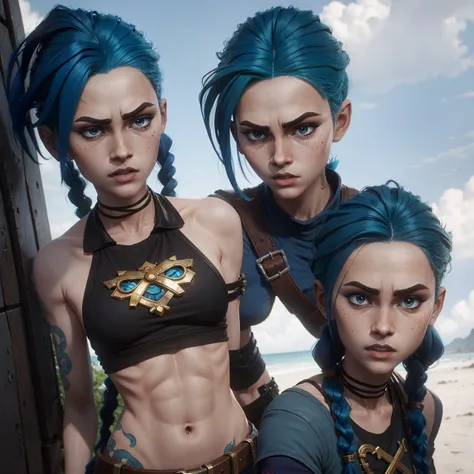 Jinx, estilo arcano, 1girl, asymmetrical bangs, franja azul, cabelo azul, pigtail, camisa marrom, tatuagem de nuvem, cabelo azul, jinx de cabelo longo, diafragma, olhos de cor rosa, red-lips,, twin braids, Jinx,  Jinx de Arcane(league of legends) (arcane s...