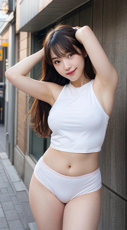 Tabletop, highest quality, figure, Very detailed, In detail, High resolution, 8k wallpaper, Perfect dynamic composition, Beautiful fine details, Natural color lip, Random sexy poses,smile,Aoyama Street Walk、20-year-old girl、White see-through tight top、See-...