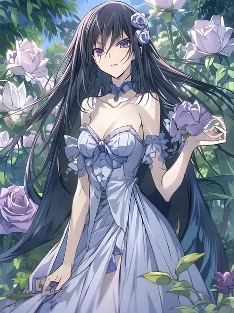 masterpiece, best quality, 1 girl,solo,codegeass,lelouch,Feminization、Feminization,18-year-old、 Long Hair、Black Hair、beautiful purple eyes、Beautiful Hair、170cm, Small waist、Beautiful body、Beautiful breasts、A purple summer dress that reflects the whole body...