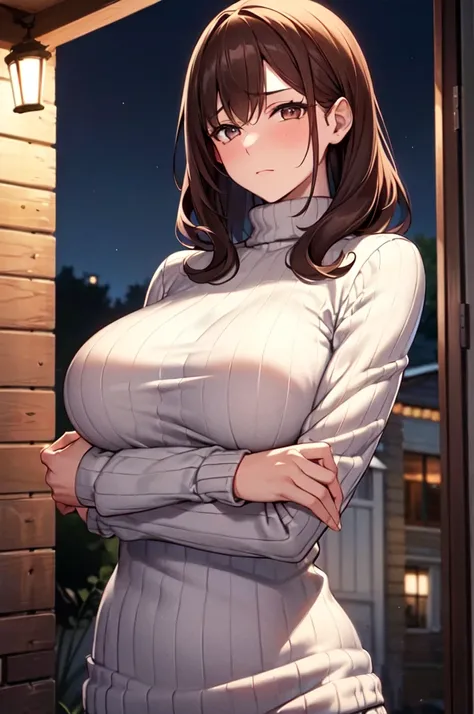 ((4k,masterpiece,best quality, ultra detailed)), 1girl, (Mature Woman, Adult Woman), (medium length hair, dark hair, wavy hair, sidelocks), (reddish-brown eyes), detailed eyes, (Depressed, Somber Expression, Slightly Embarrassed), (large breasts), (white t...