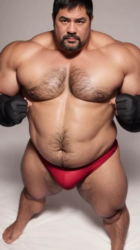 black hair, middle-aged man, individual, male, Muscular wrestler, muscular, Stout wrestler, Asian, Japanese, uncle, 55 year old middle-aged man, short hair, short hair, red wrestling boots, full body portrait, shadow, Vision, red briefs, obesity, 45 years ...