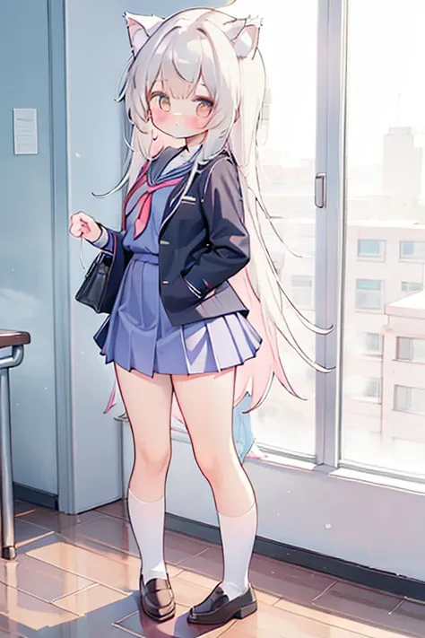 full body,baisixuegao,wolf ears, school uniform, blushed,embarressed