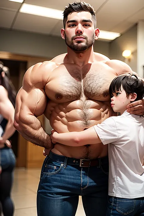 fatherMusclesBig muscles, motherfat ,    , son  ,family3 people 