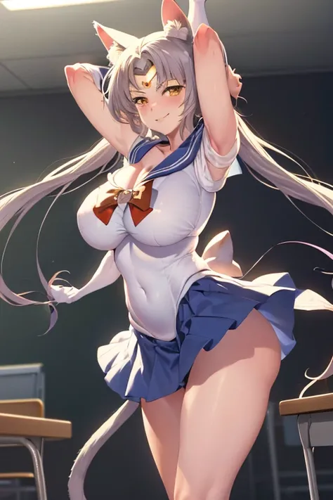 masterpiece, best quality, beautiful art, high resolution, well formed hands, body and fingers, 1 woman, solo, BlackHanekawa , adult, big breasted, cleavage , full body, wearing a Sailor Moon outfit, cat ears and cat tail, gorgeous legs and thighs, sexy sa...