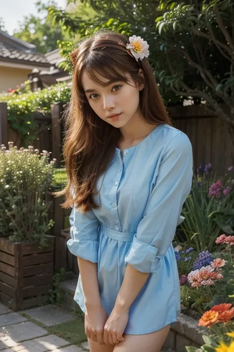 a girl with cute orange pony hair and a flower hairband, wearing a blue shirt and a blossoming dress, paired with red shoes. The girl has ulzzang-like features, resembling a Japanese model. She strikes a confident and playful pose. The background features ...