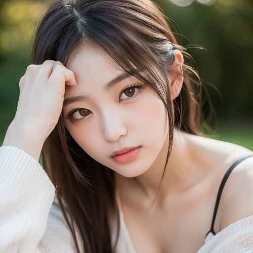 ((highest quality, Realistic photos, Raw photo, 16k) Shooting with a focus on the eyes,) (((A beautiful Japanese girl who will charm you,))) ((She has very attractive black eyes、In the middle of a beautiful landscape, I send my best love to you., Staring a...